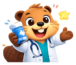 Clinic beaver mascot waving with medicine